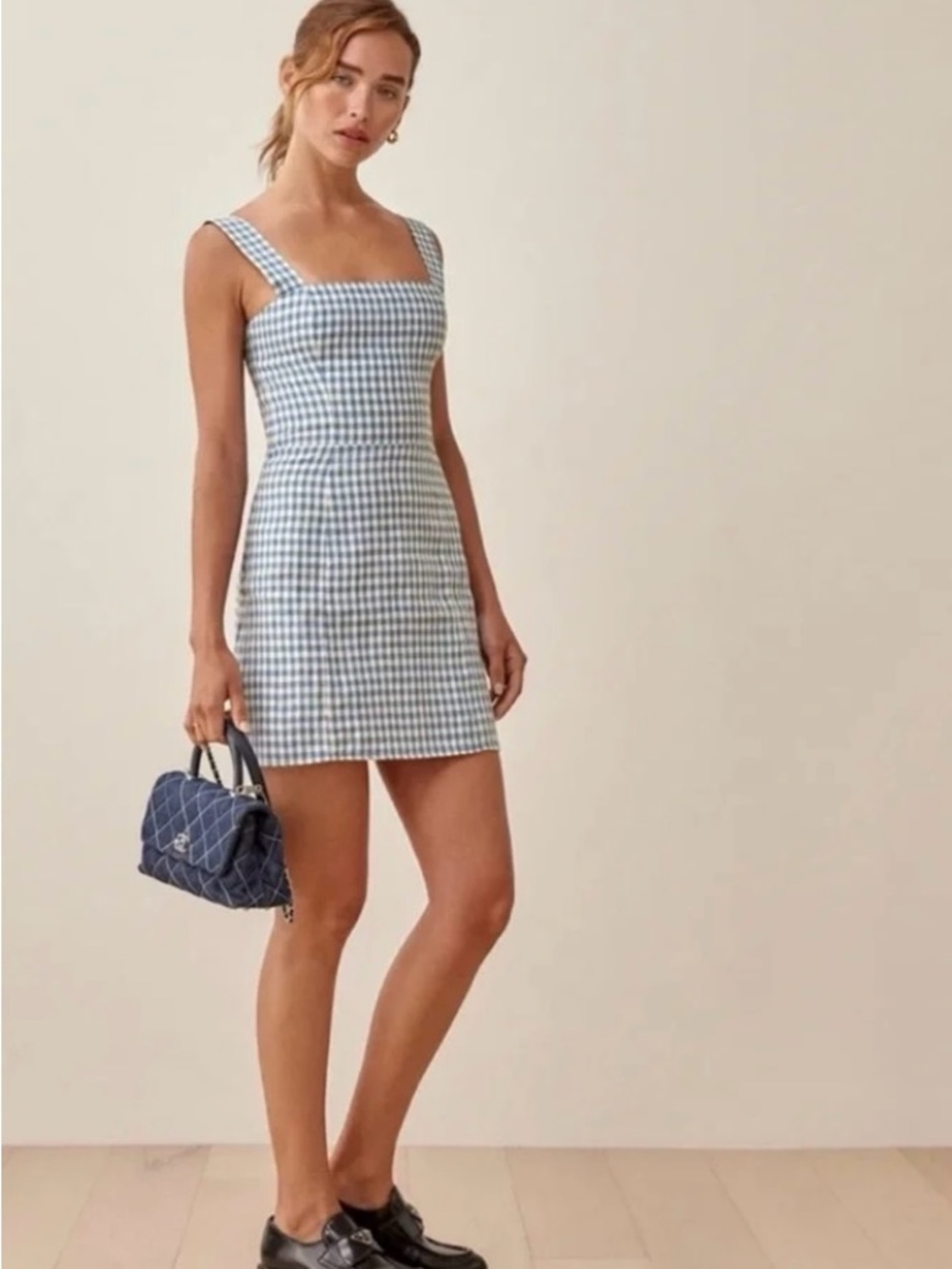 NWOT Reformation Brigitte Linen Dress in Azure Check